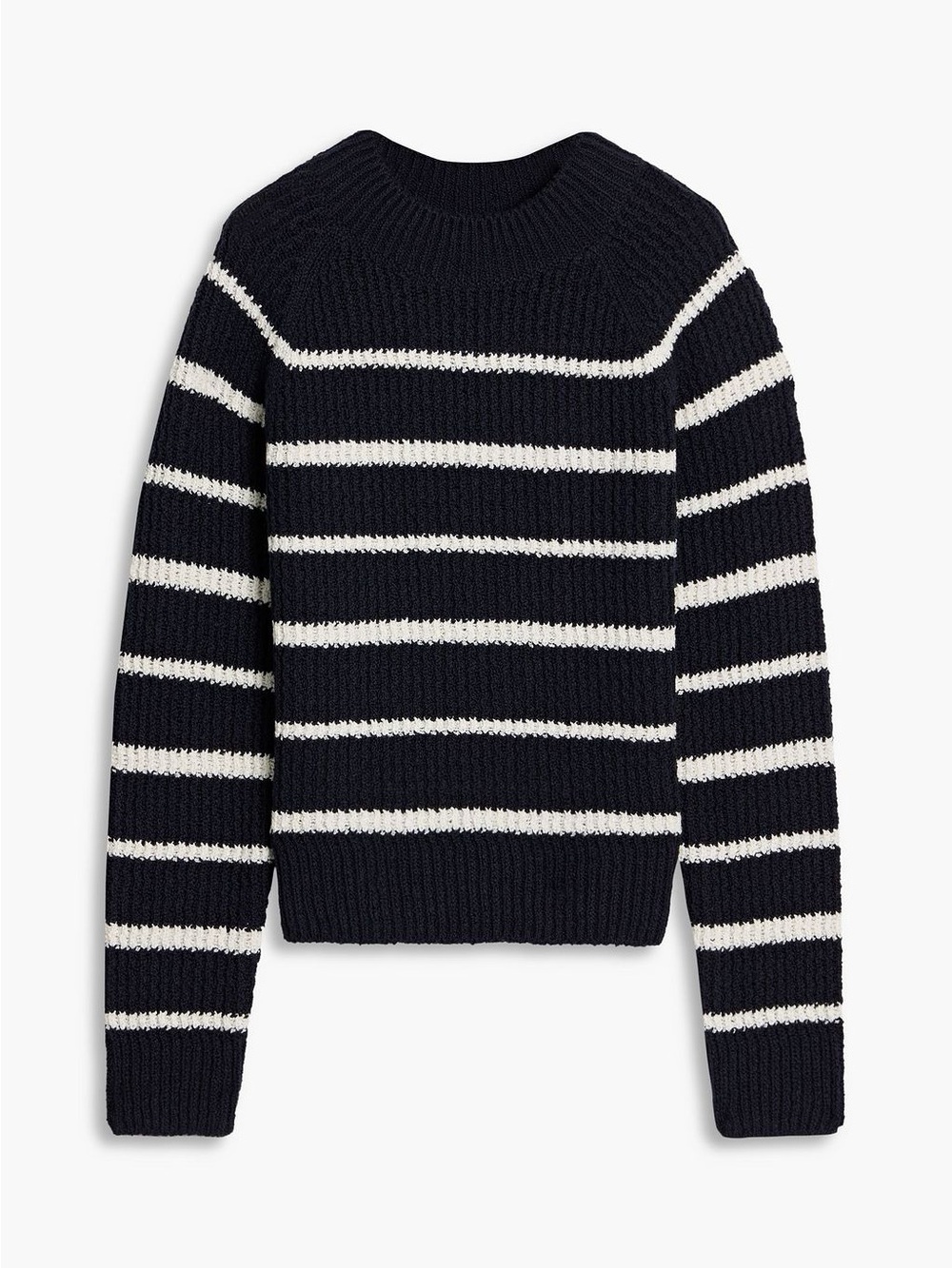 Vince Navy and White Striped Ribbed Crewneck Sweater